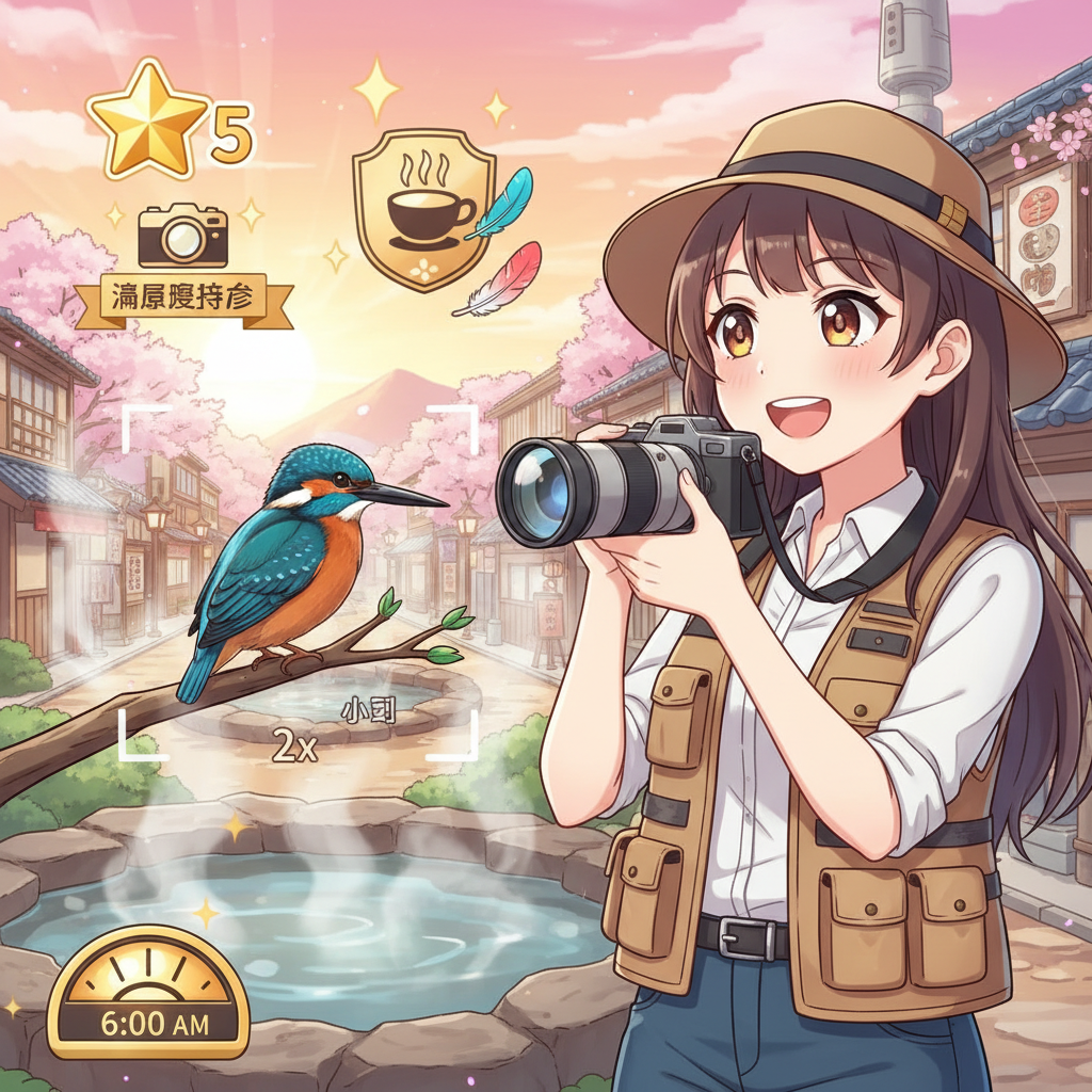 攝影攻略,五星鳥類拍攝,拍攝小翠須保持 5 米並開啟 2 倍焦距,清晨 6 點加權最高,解鎖「溫泉攝影家」成就,心動小鎮鳥類攝影技巧